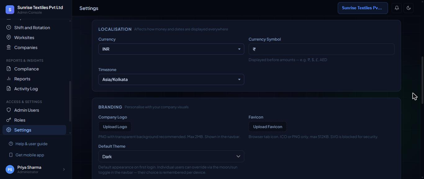 Settings, Company tab: Localisation and Branding.