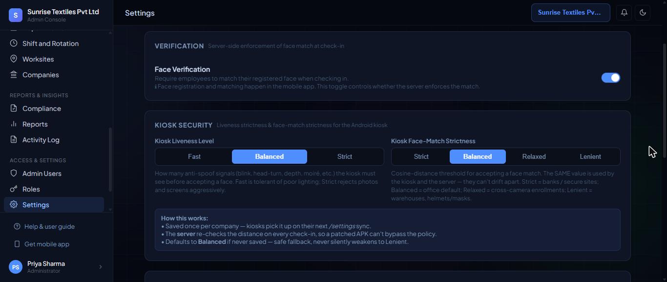 Settings, Devices & Kiosk tab: Face Verification and Kiosk Security.