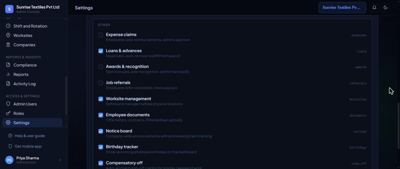 Settings, Modules tab: Other group.