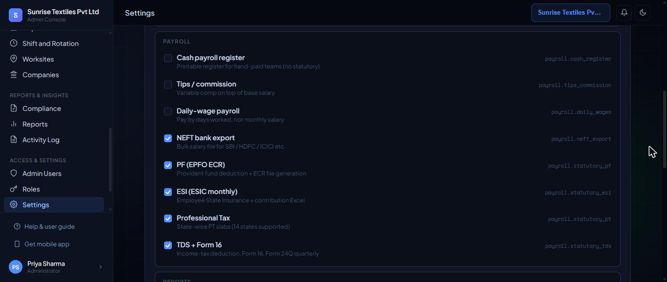 Settings, Modules tab: Payroll group.