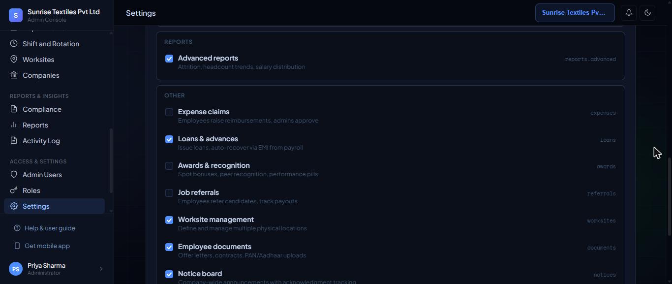 Settings, Modules tab: Reports and the start of Other.