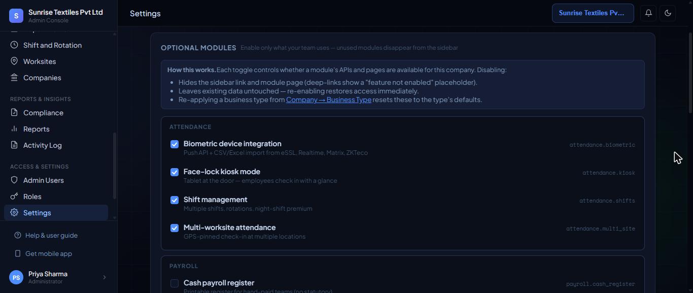 Settings, Modules tab, Attendance group.