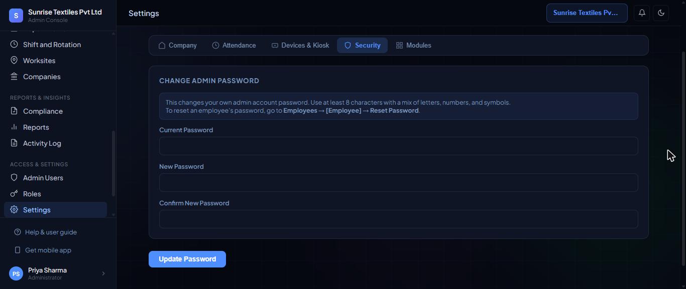 Settings, Security tab: Change Admin Password.