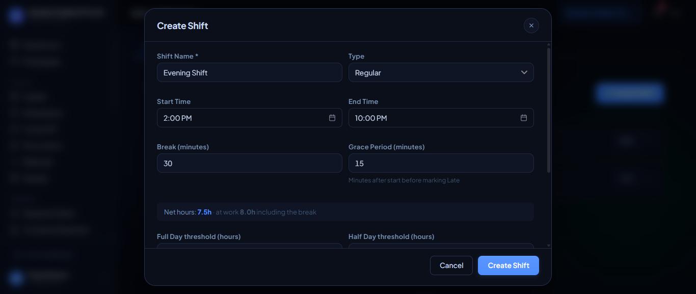 The Create Shift form filled in, showing net hours and time at work.