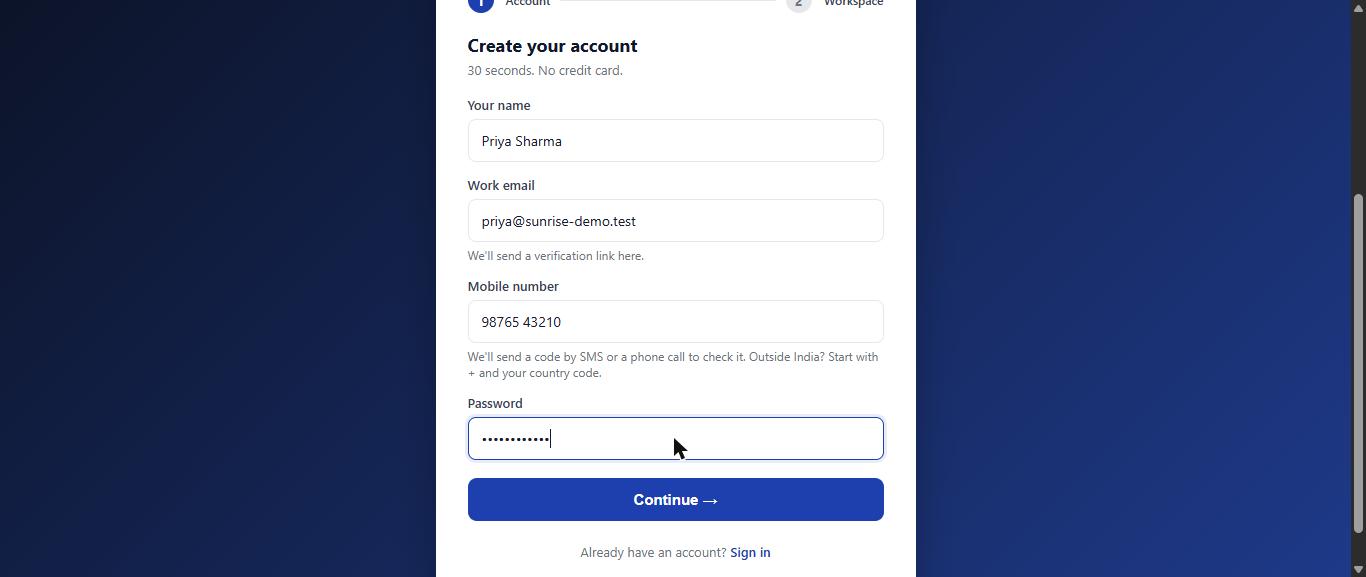 Step 1 of sign-up: your name, work email, mobile number and password.