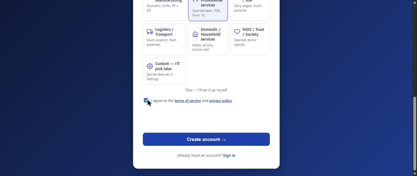 Tick the agreement box and click Create account.