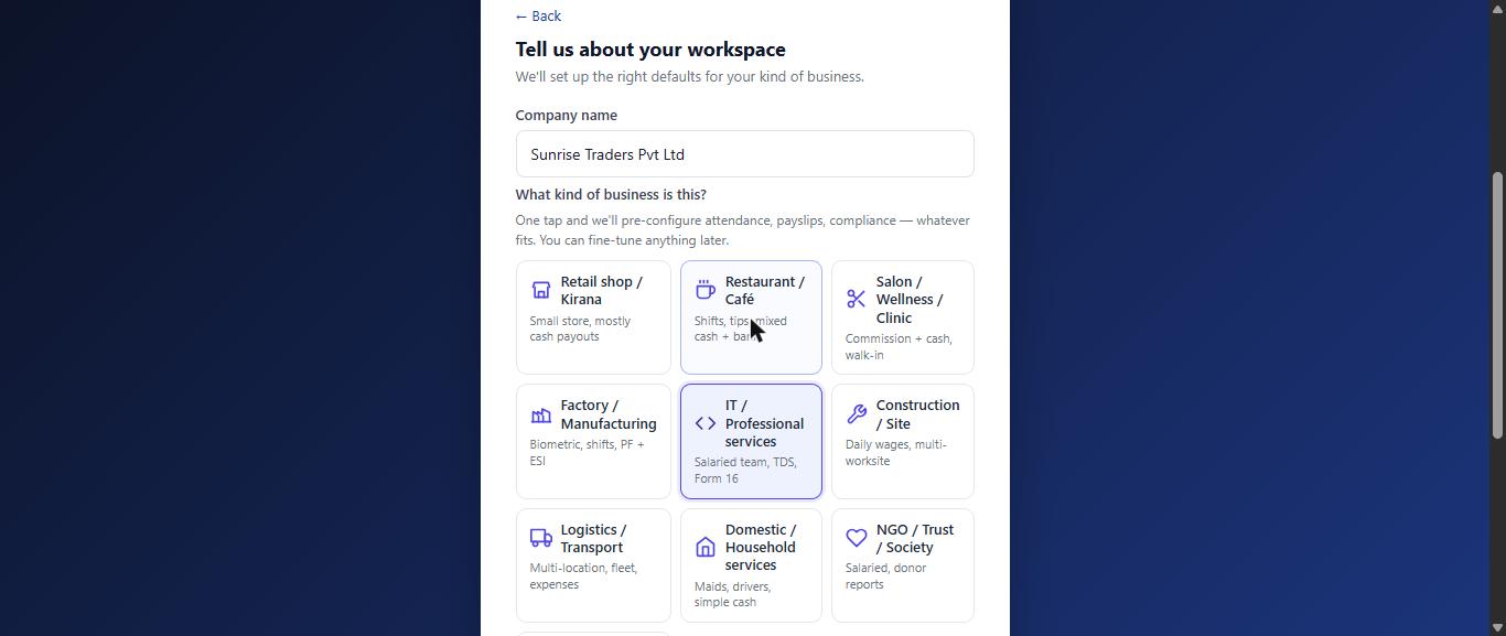 Step 2 of sign-up: company name and business type.