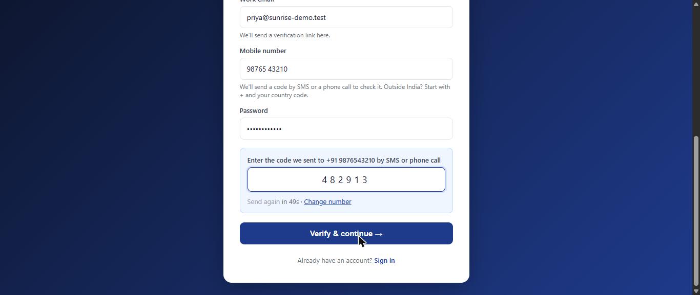 Type the code you got by SMS or phone call, then click Verify & continue.
