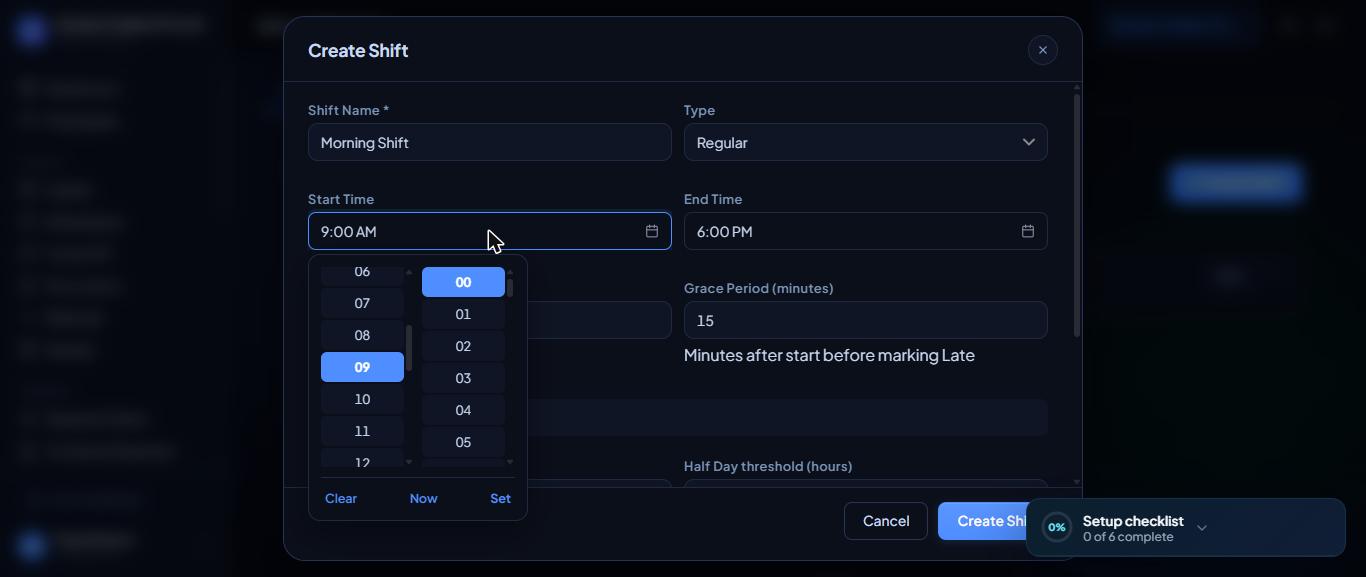 The time picker: choose hour, then minute, then Set.